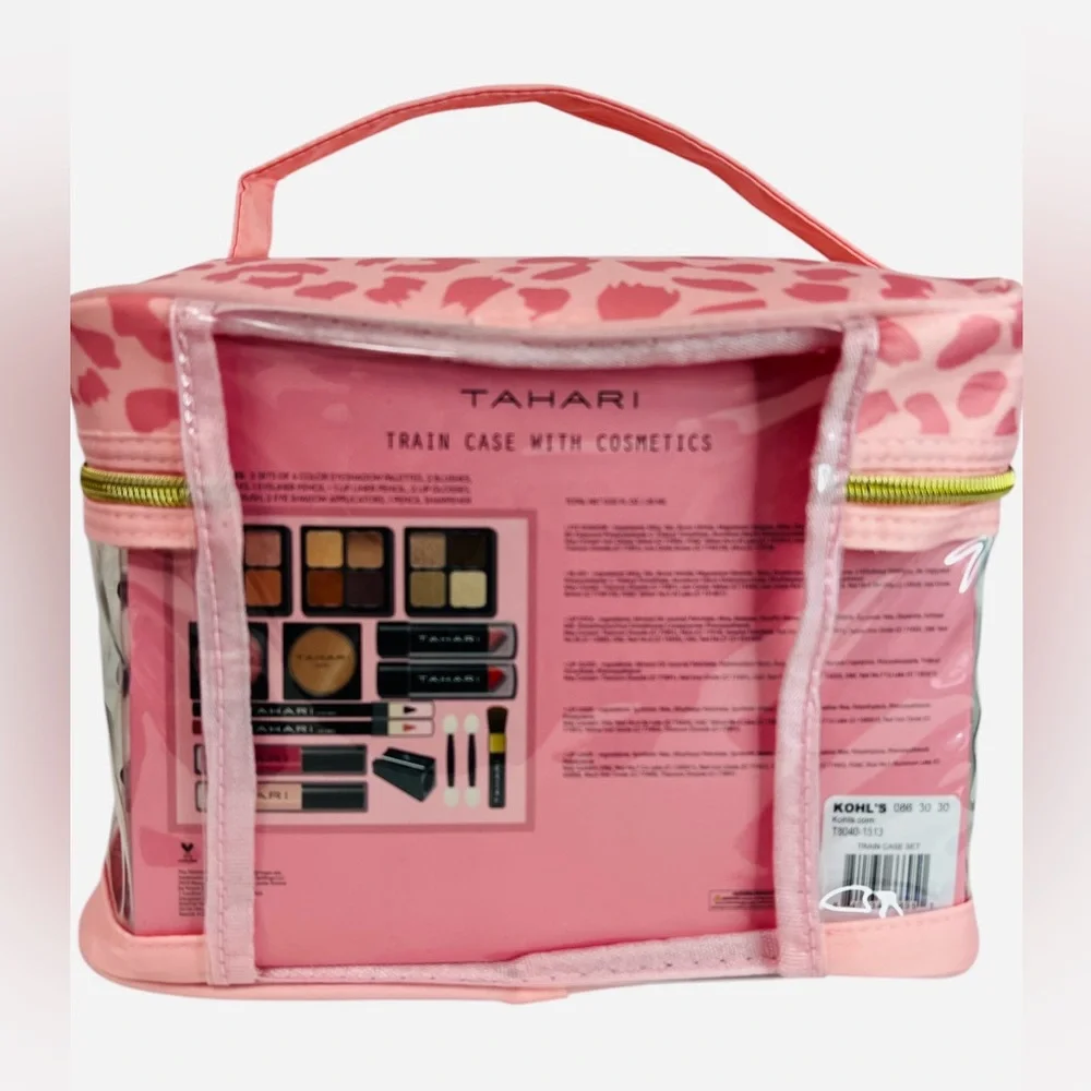 Tahari Train Case With Cosmetics Pink Leopard Print. Gift Included.